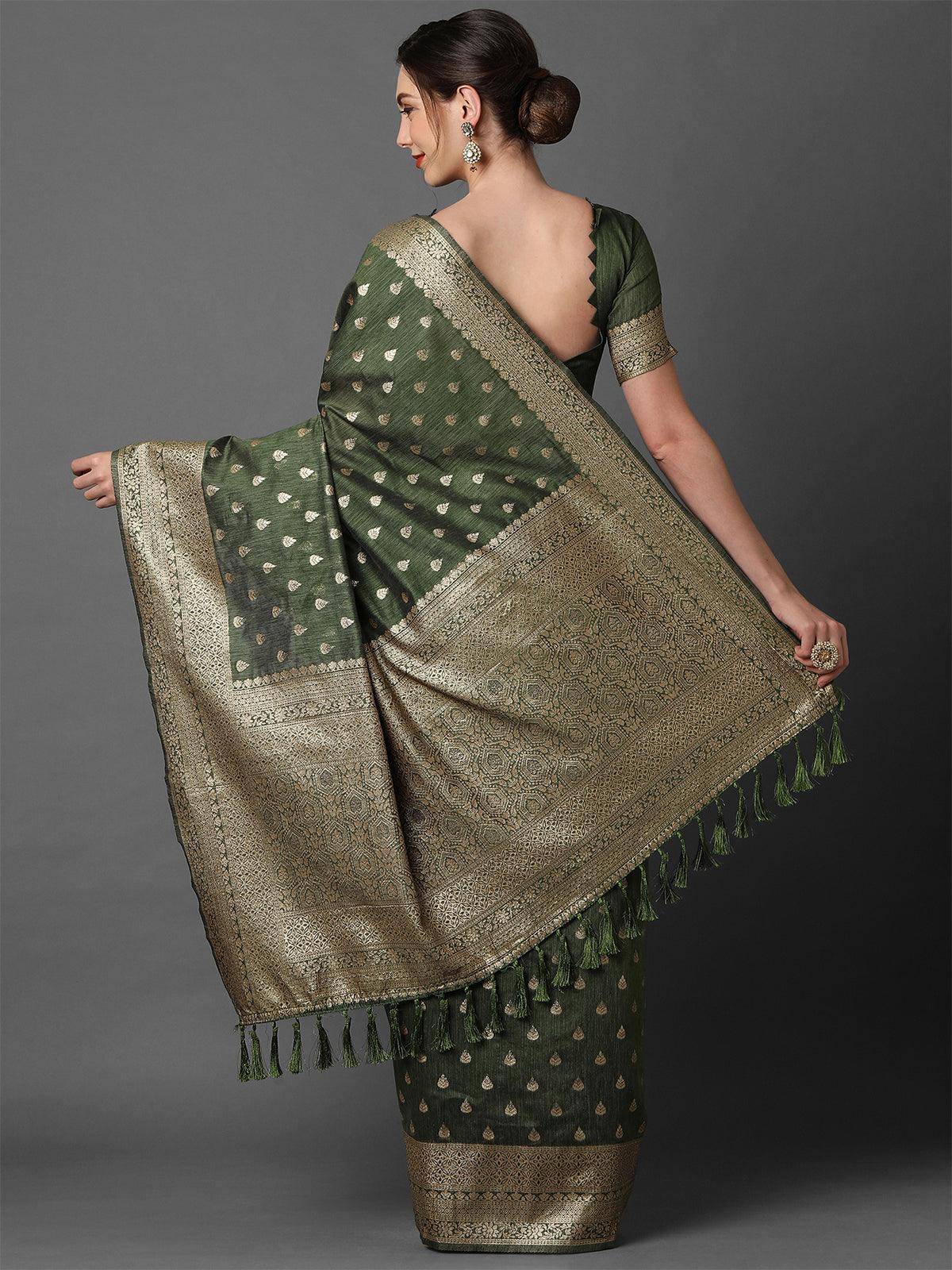 Women's Green Wedding Silk Blend Woven Design Saree With Unstitched Blouse - Odette