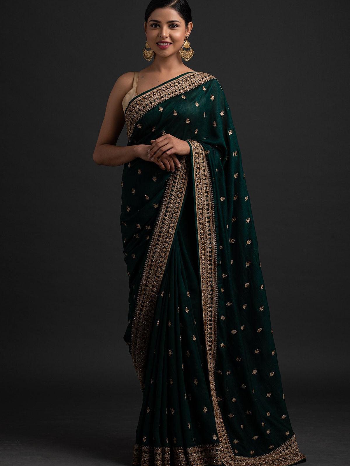 Women's Green Beautifully Embroidered Wedding Saree - Odette