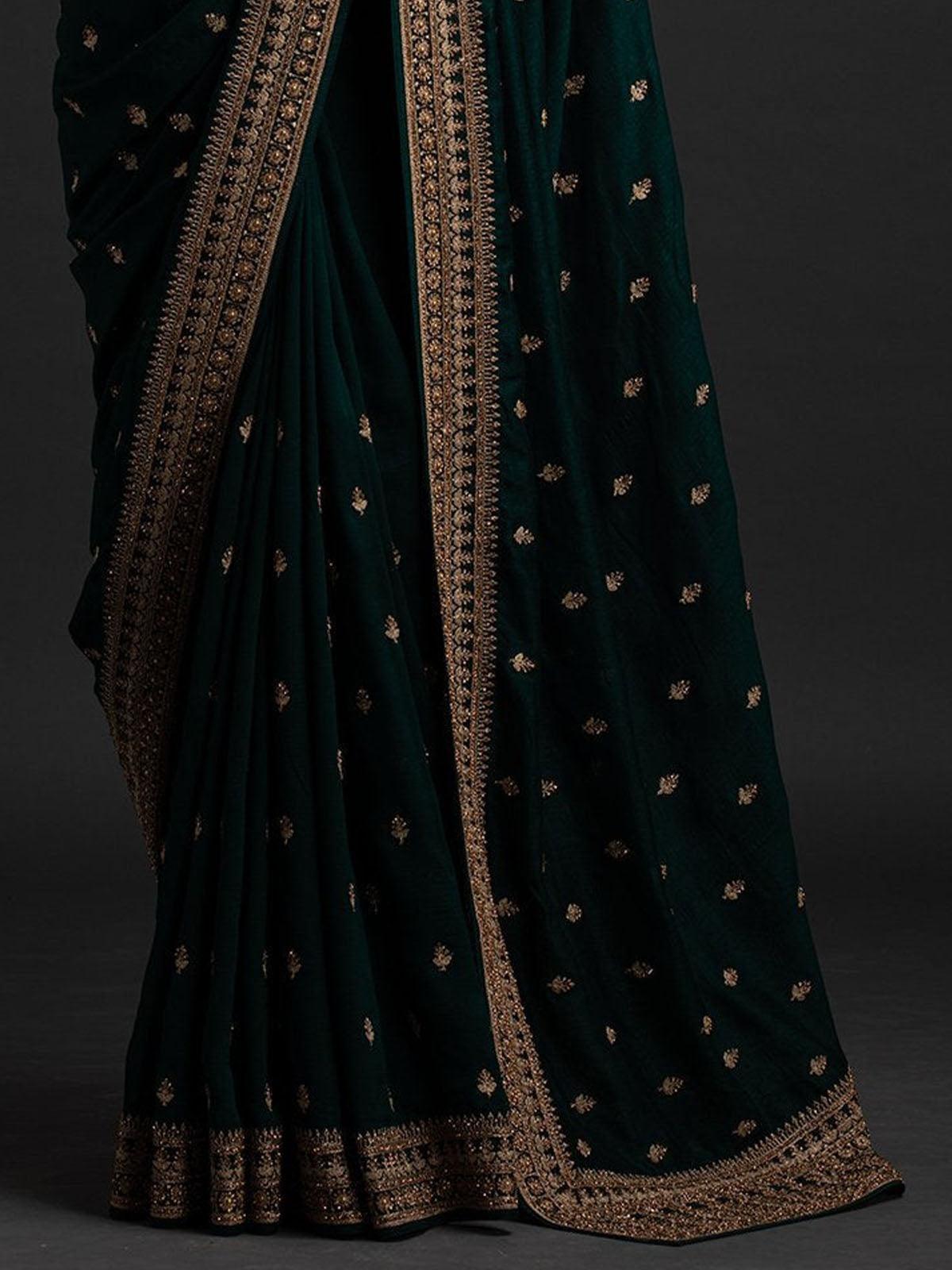 Women's Green Beautifully Embroidered Wedding Saree - Odette