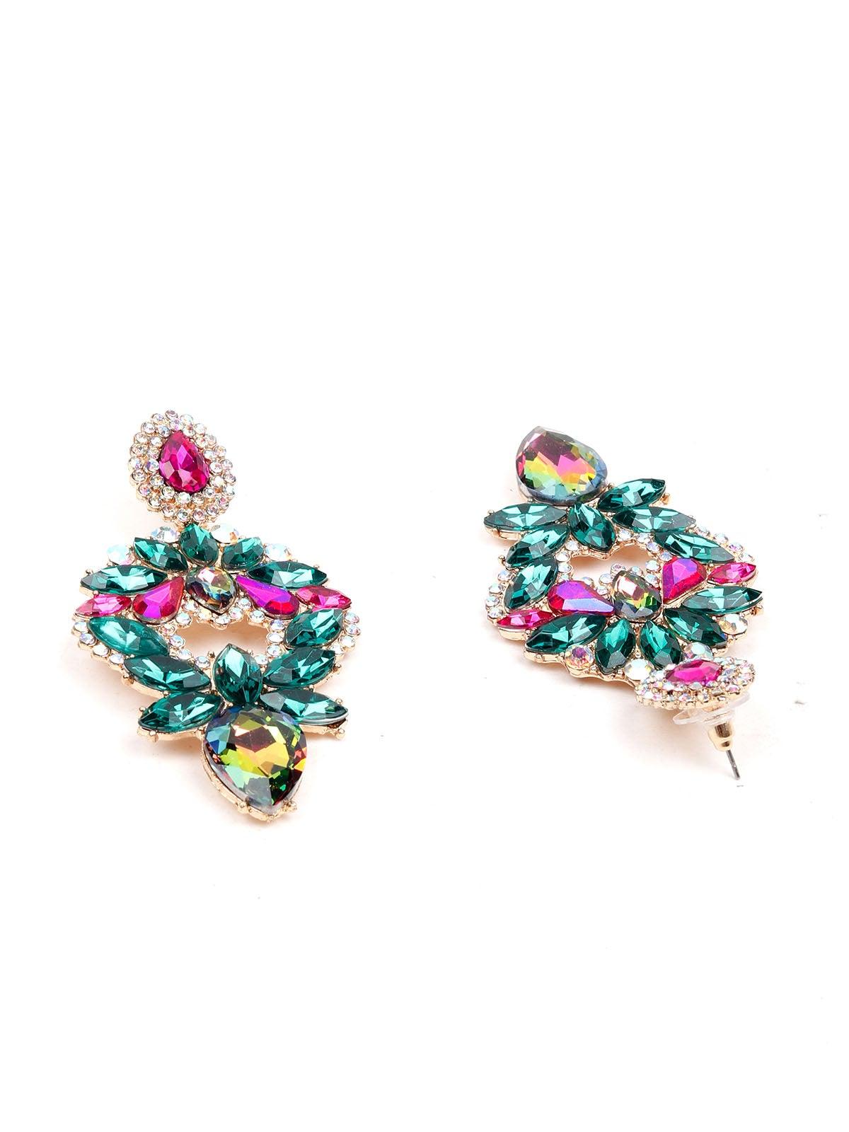 Women's Green&Pink Crystal Statement Earrings - Odette