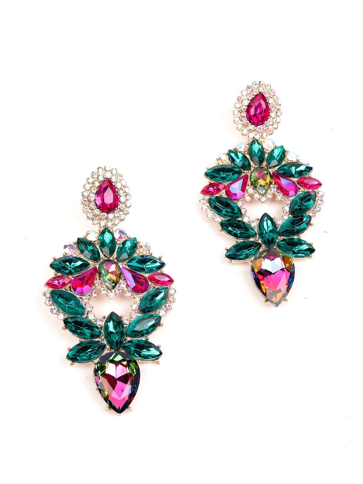 Women's Green&Pink Crystal Statement Earrings - Odette