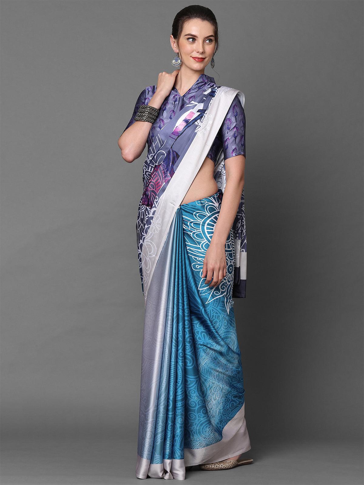 Women's Grey & Blue Casual Crepe Printed Saree With Unstitched Blouse - Odette