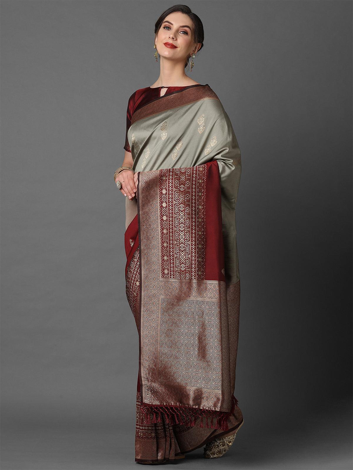 Women's Grey & Maroon Festive Silk Blend Woven Design Saree With Unstitched Blouse - Odette