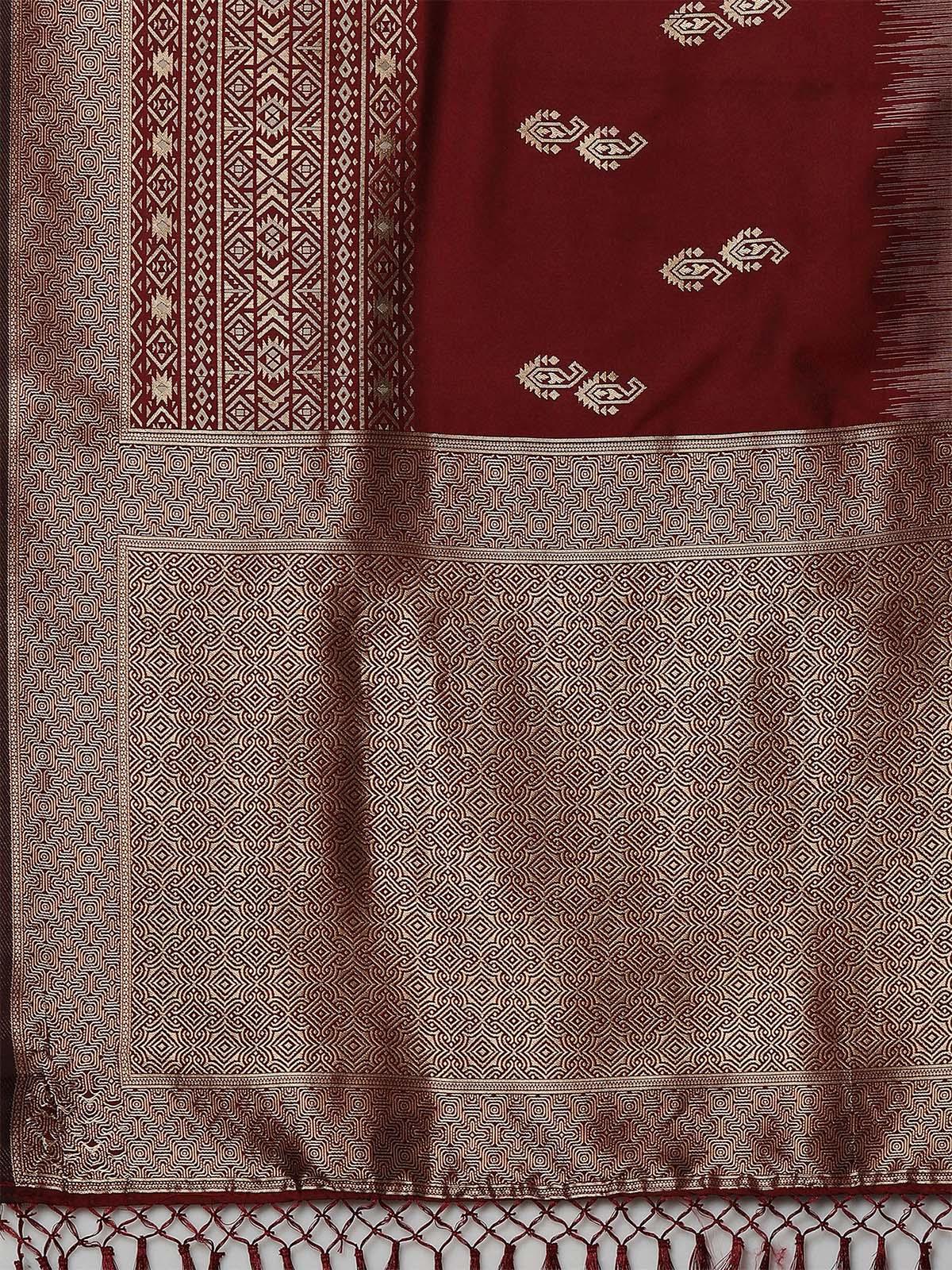 Women's Grey & Maroon Festive Silk Blend Woven Design Saree With Unstitched Blouse - Odette