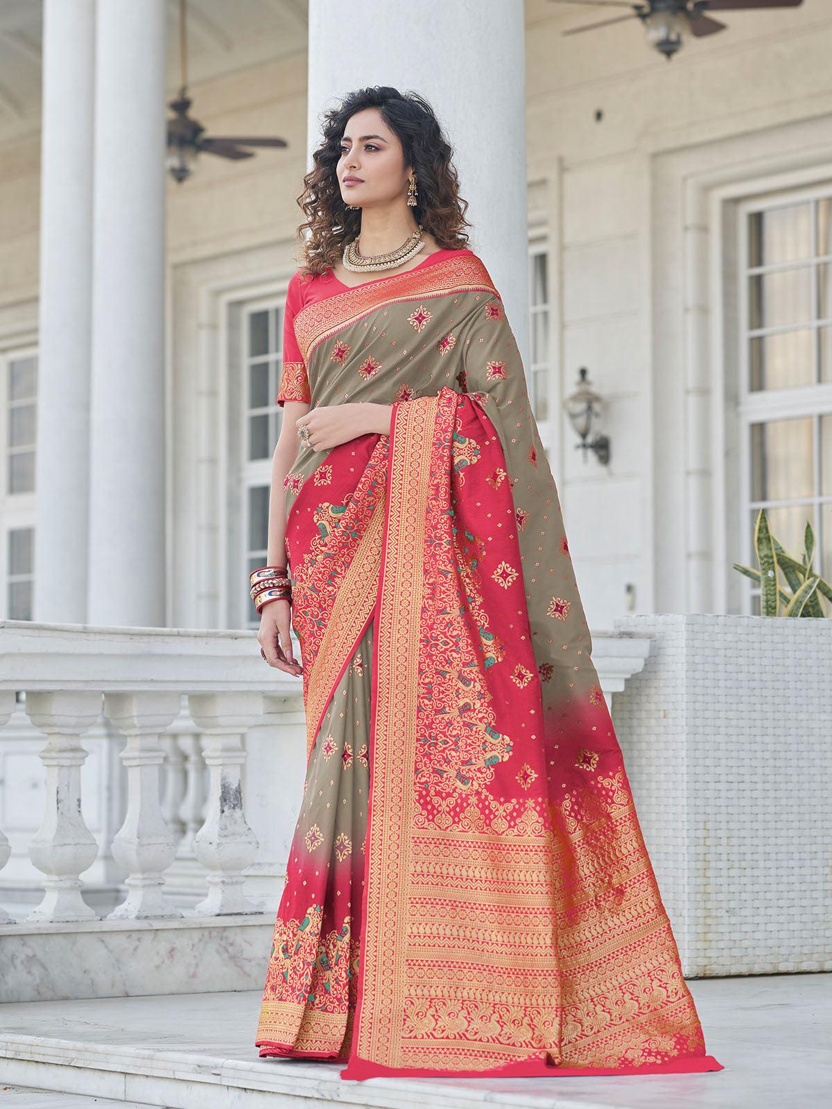 Women's Grey Banarasi Silk Heavy Wevon Jari Designer Saree - Odette