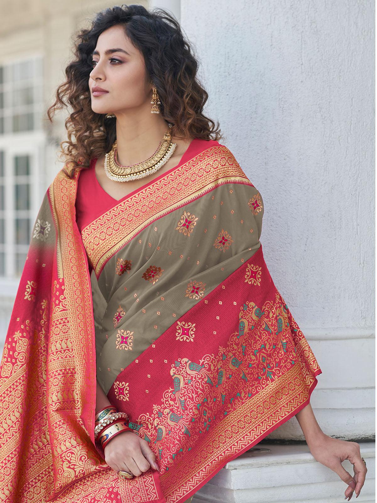 Women's Grey Banarasi Silk Heavy Wevon Jari Designer Saree - Odette