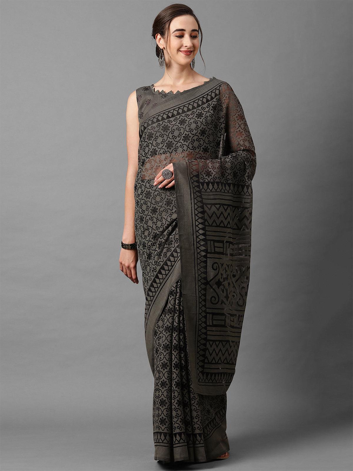Women's Grey Casual Brasso Printed Saree With Unstitched Blouse - Odette