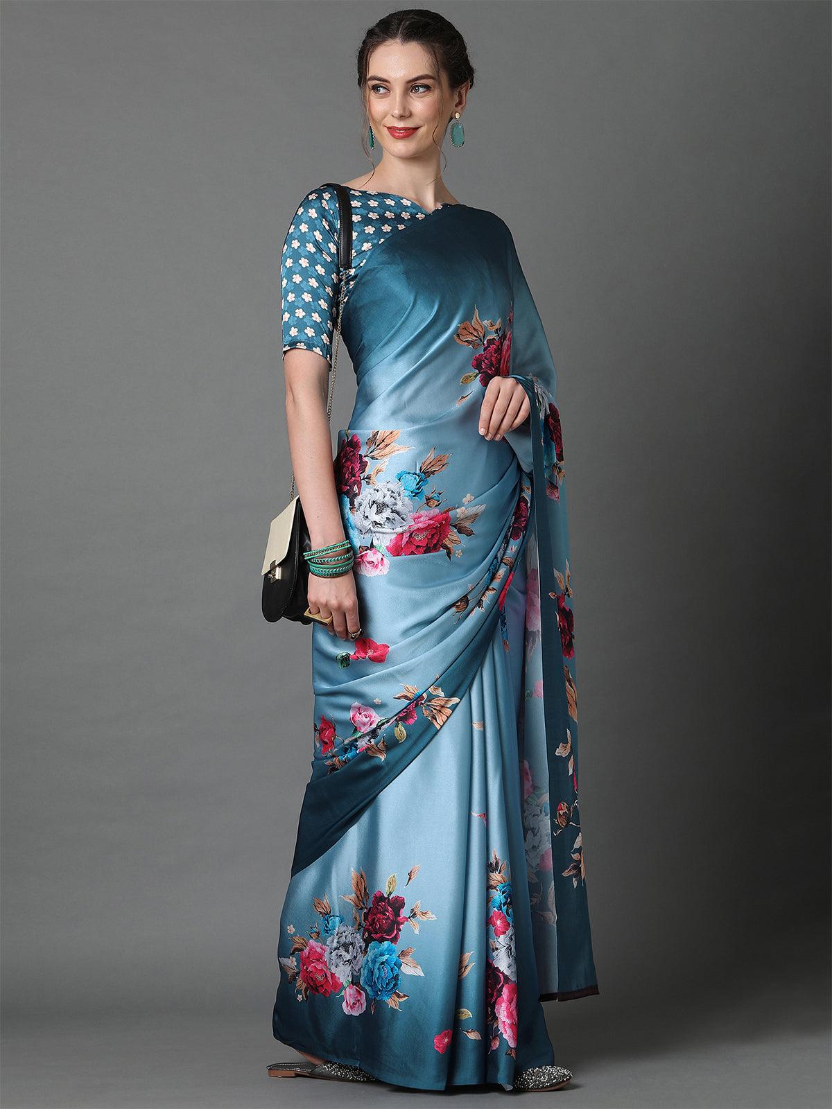 Women's Grey Casual Crepe Printed Saree With Unstitched Blouse - Odette