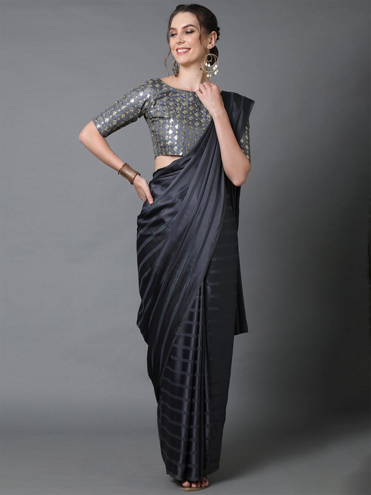 Women's Grey Casual Georgette And Satin Solid Saree With Unstitched Blouse - Odette