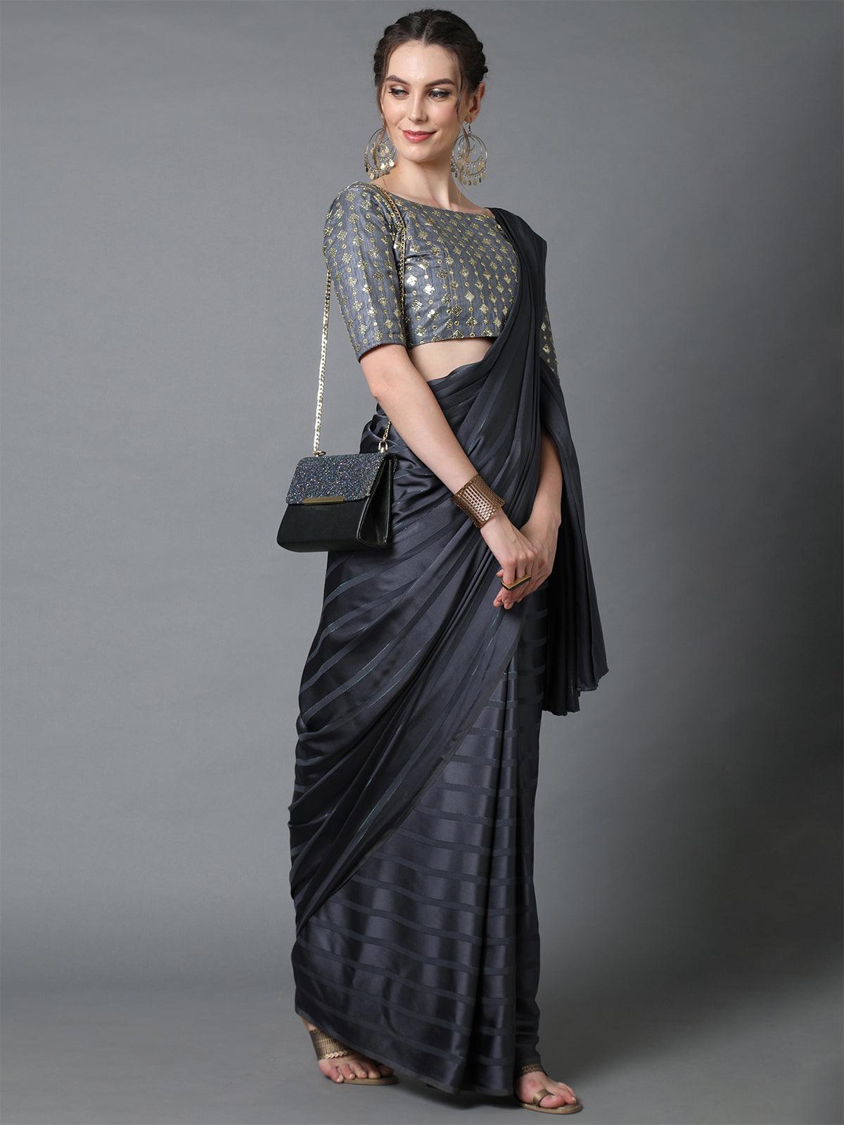 Women's Grey Casual Georgette And Satin Solid Saree With Unstitched Blouse - Odette