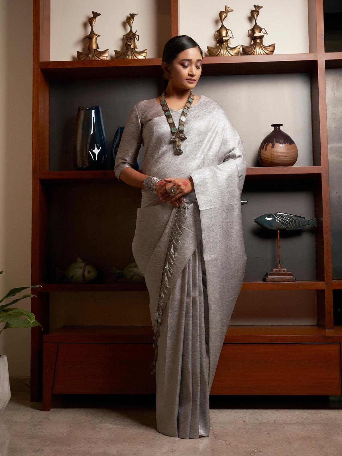 Women's Grey Color Kanjivaram Silk Saree - Odette