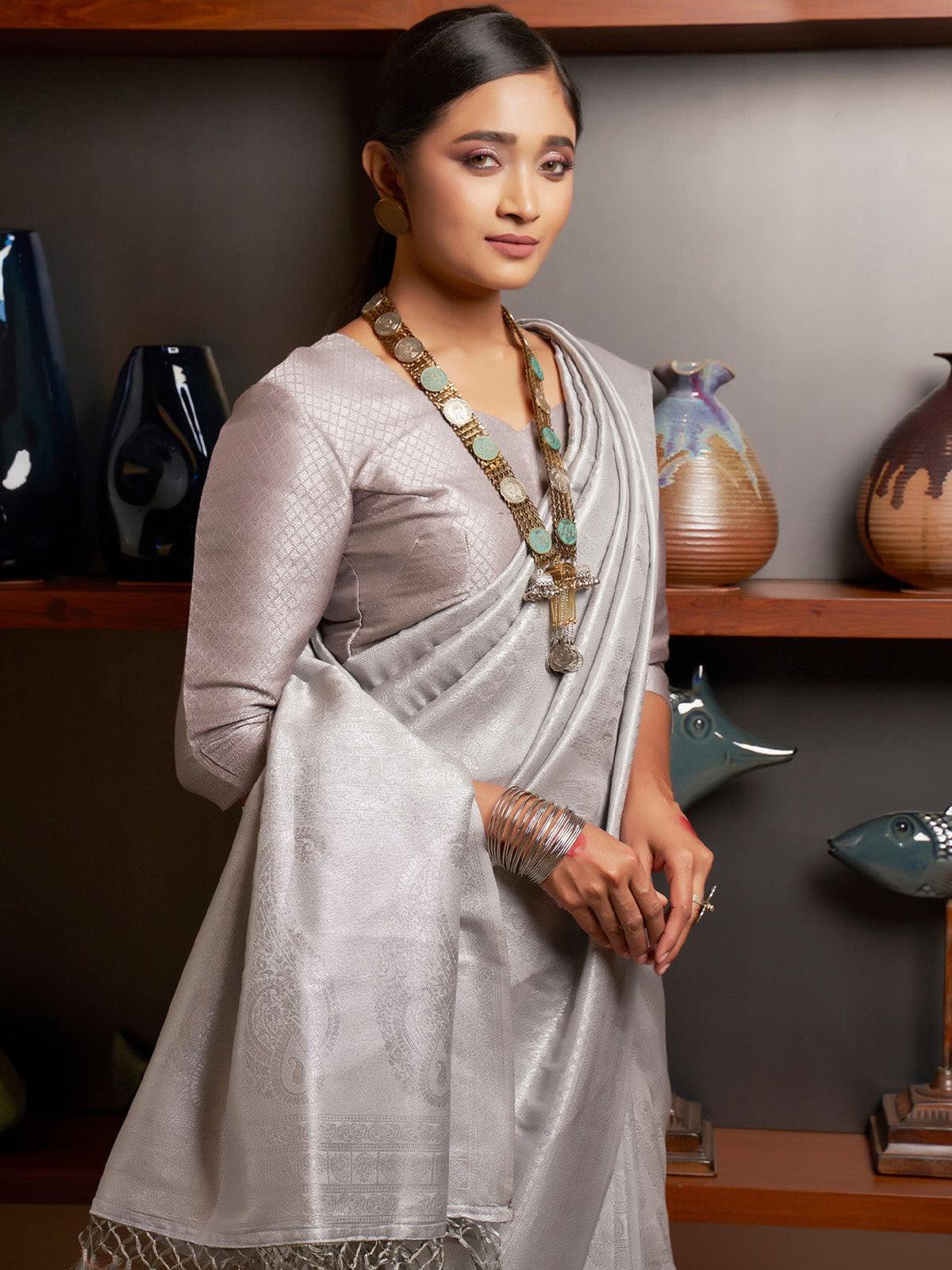 Women's Grey Color Kanjivaram Silk Saree - Odette