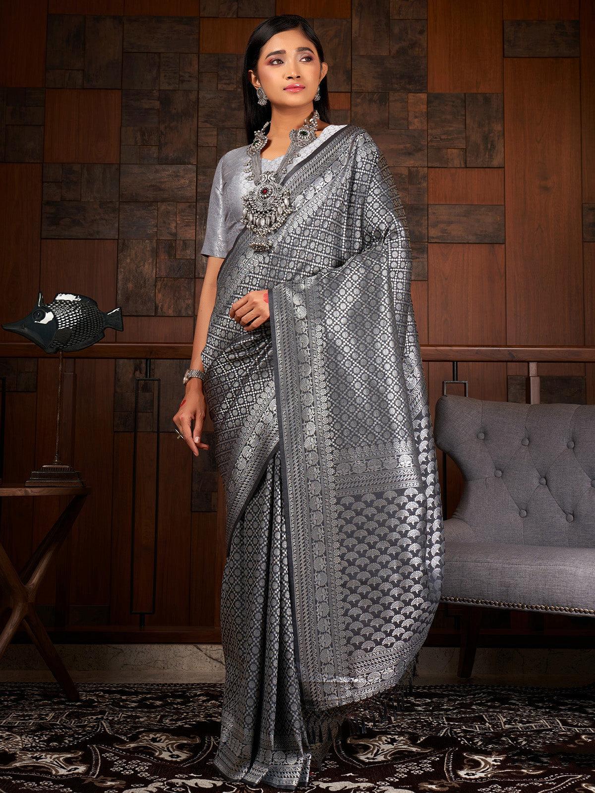 Women's Grey Color Traditional Wear Raw Silk Saree - Odette