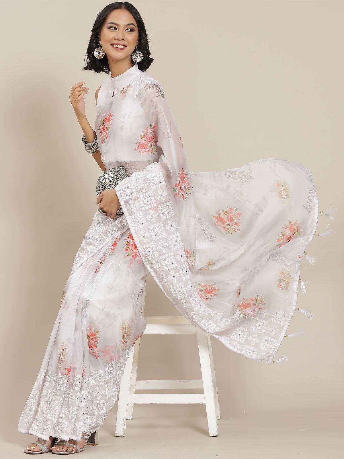 Women's Grey Designer Silk Blend Embroidered Saree - Odette