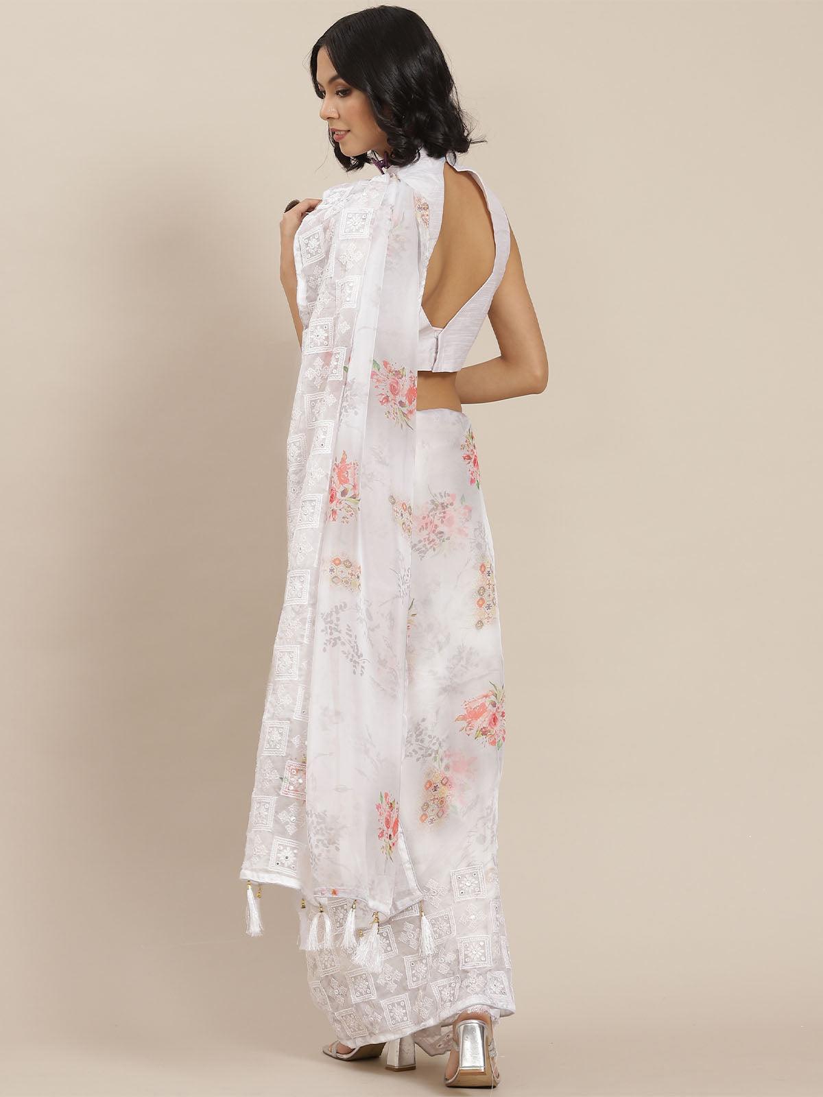 Women's Grey Designer Silk Blend Embroidered Saree - Odette