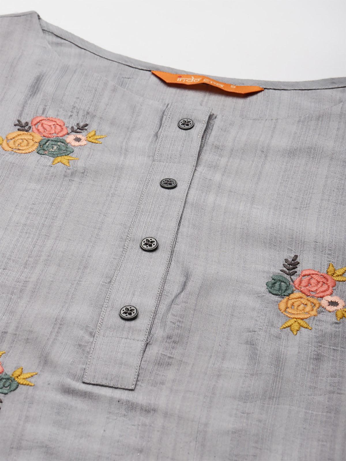Women's Grey Embroidered Straight Kurta Trouser With Dupatta Set - Odette