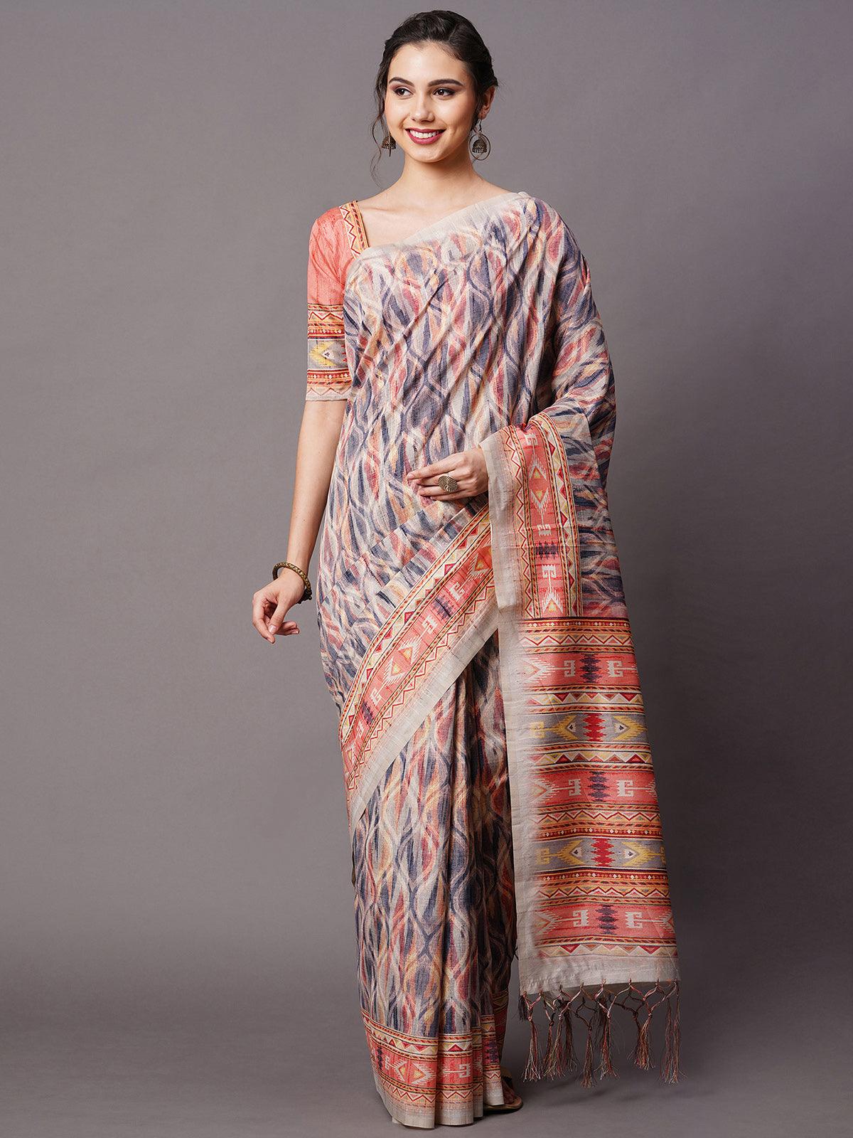 Women's Grey Festive Bhagalpuri Silk Printed Saree With Unstitched Blouse - Odette