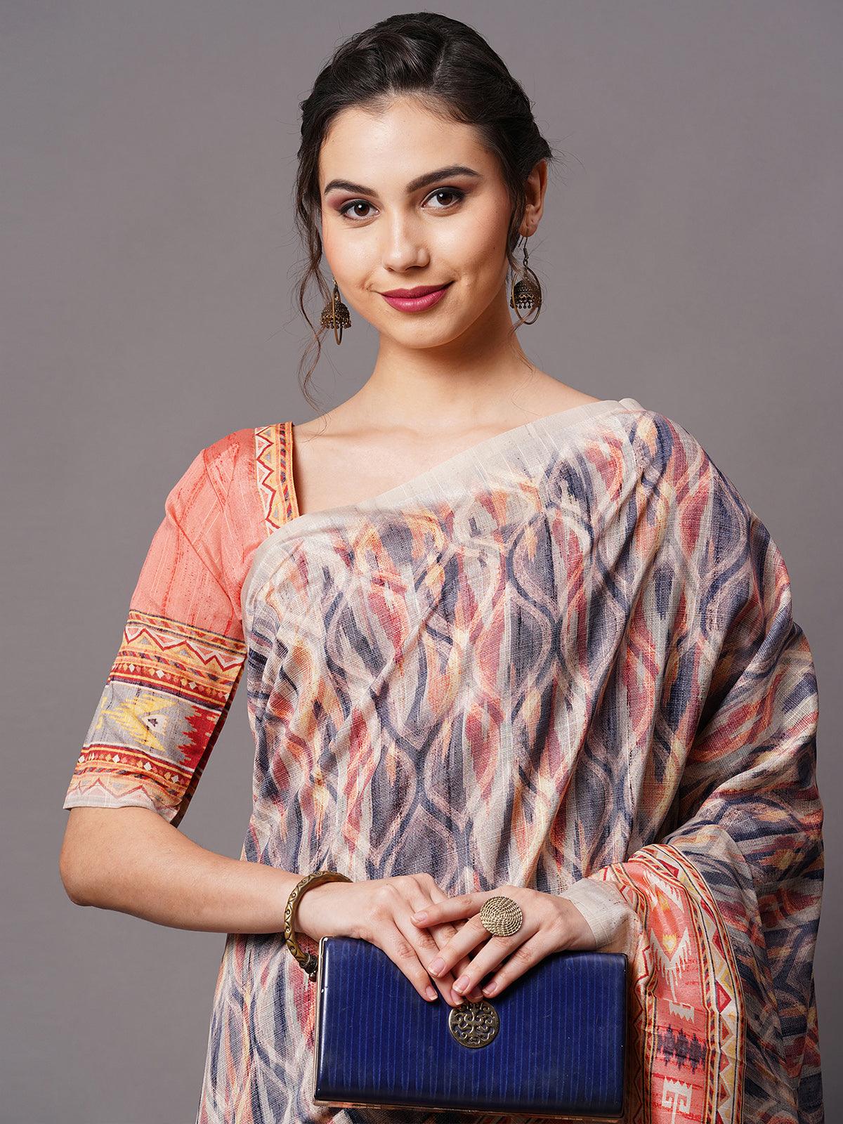 Women's Grey Festive Bhagalpuri Silk Printed Saree With Unstitched Blouse - Odette