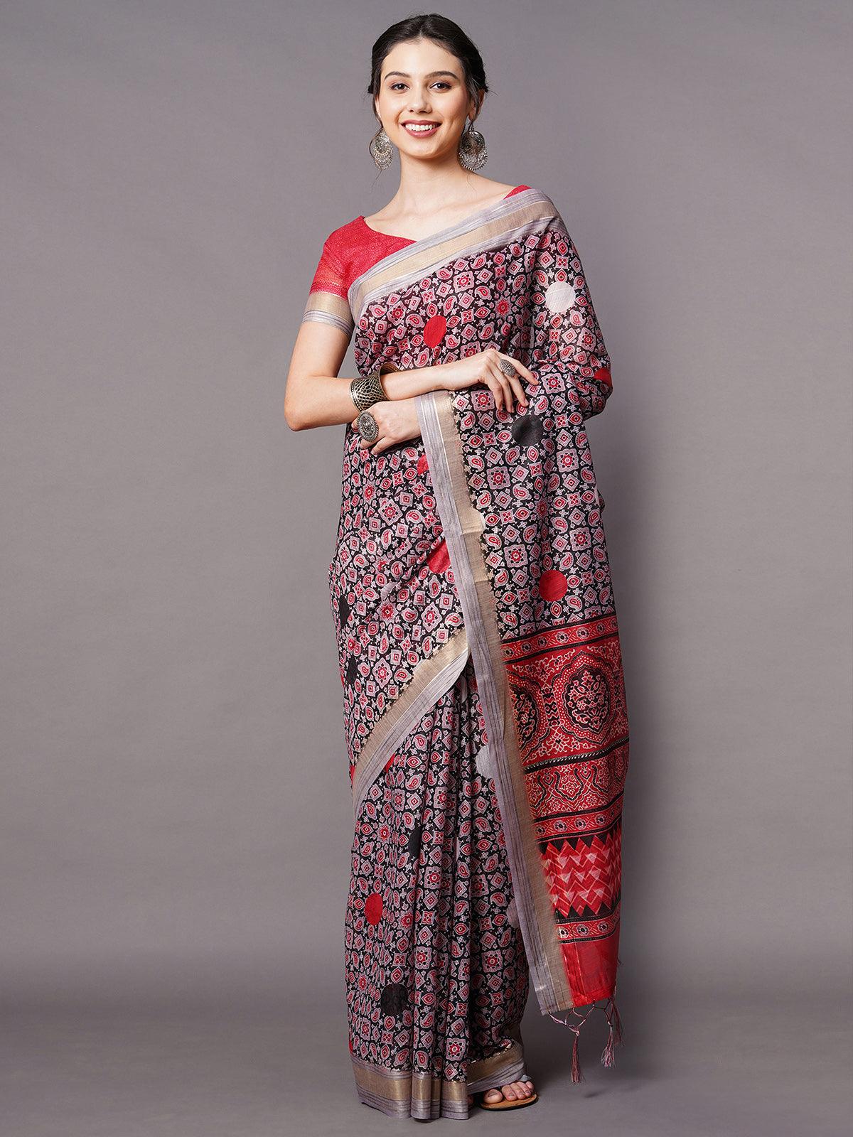 Women's Grey Festive Linen Blend Printed Saree With Unstitched Blouse - Odette