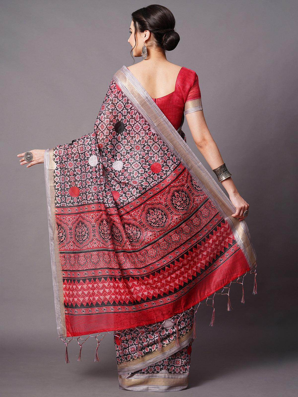 Women's Grey Festive Linen Blend Printed Saree With Unstitched Blouse - Odette