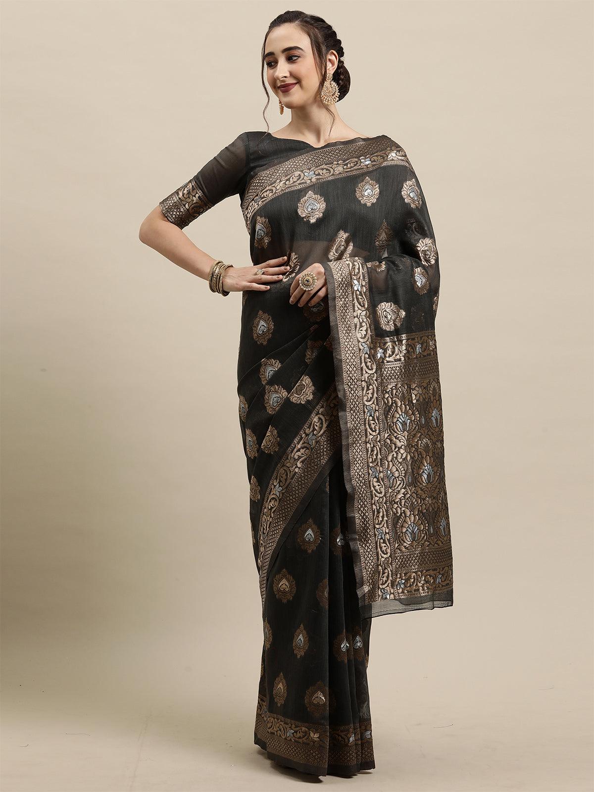 Women's Grey Festive Linen Woven Design Saree With Unstitched Blouse - Odette