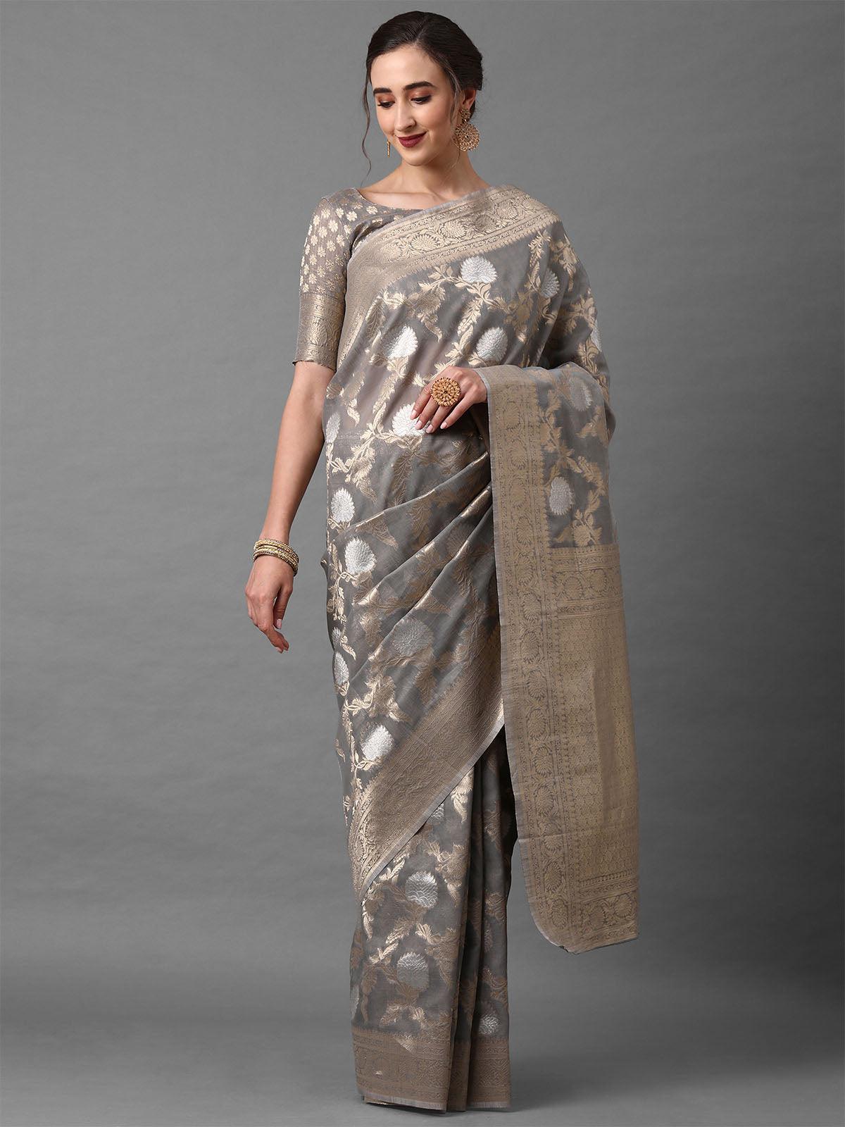 Women's Grey Festive Silk Blend Banarsi Saree With Unstitched Blouse - Odette