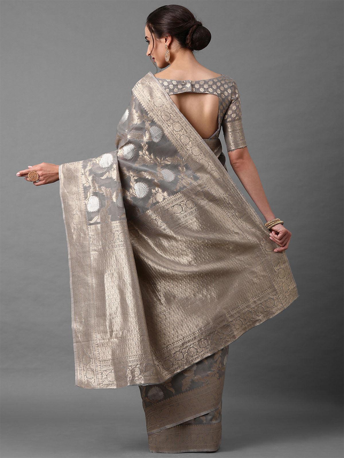 Women's Grey Festive Silk Blend Banarsi Saree With Unstitched Blouse - Odette