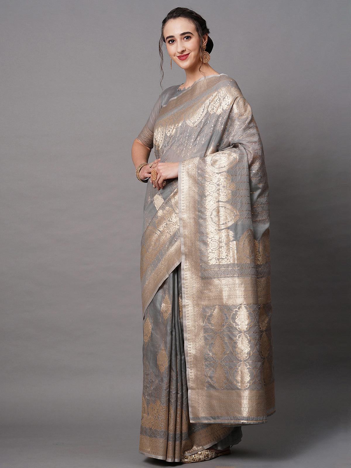 Women's Grey Festive Silk Blend Embroidered Saree With Unstitched Blouse - Odette
