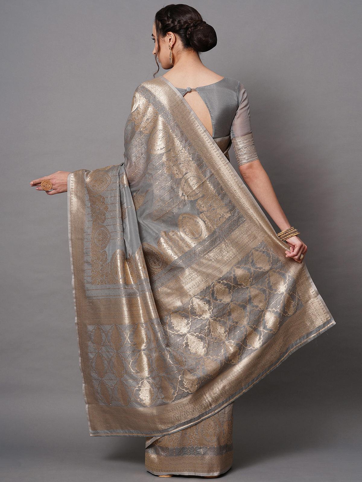 Women's Grey Festive Silk Blend Embroidered Saree With Unstitched Blouse - Odette