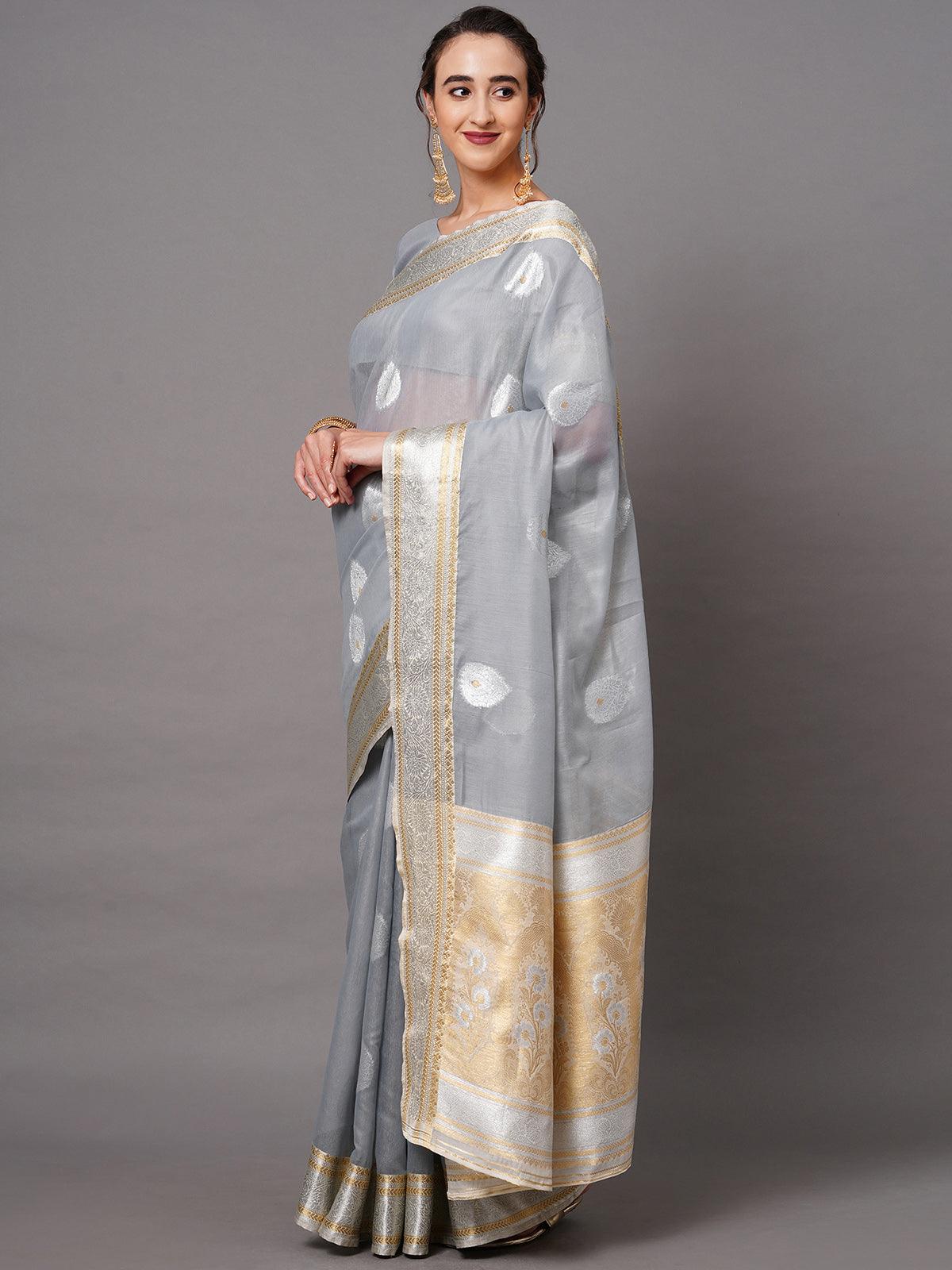 Women's Grey Festive Silk Blend Woven Design Saree With Unstitched Blouse - Odette