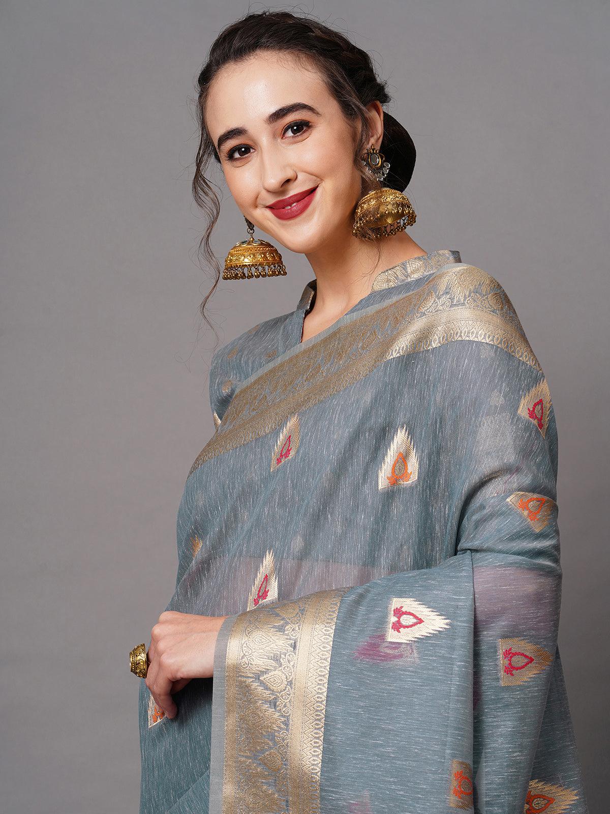 Women's Grey Festive Silk Blend Woven Design Saree With Unstitched Blouse - Odette