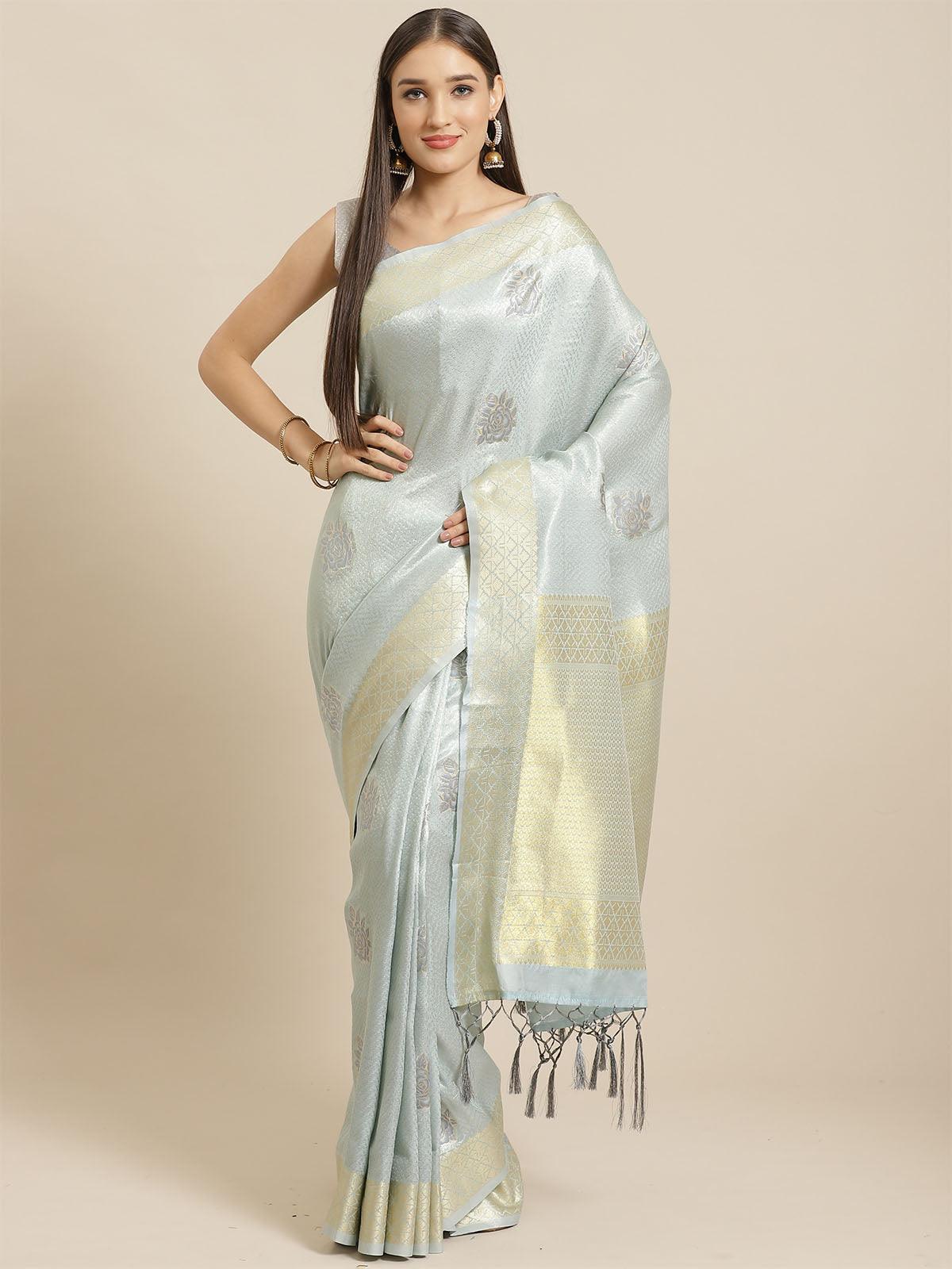Women's Grey Festive Silk Blend Woven Saree With Unstitched Blouse - Odette