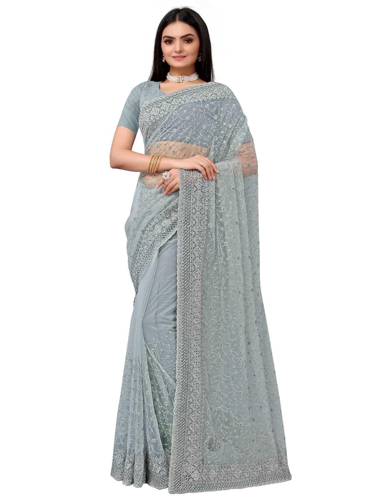 Women's Grey Net Embroidered Saree With Blouse - Odette