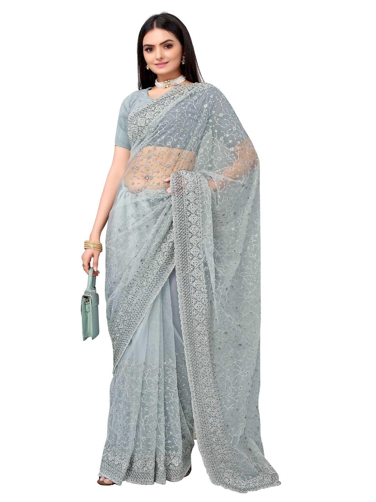 Women's Grey Net Embroidered Saree With Blouse - Odette