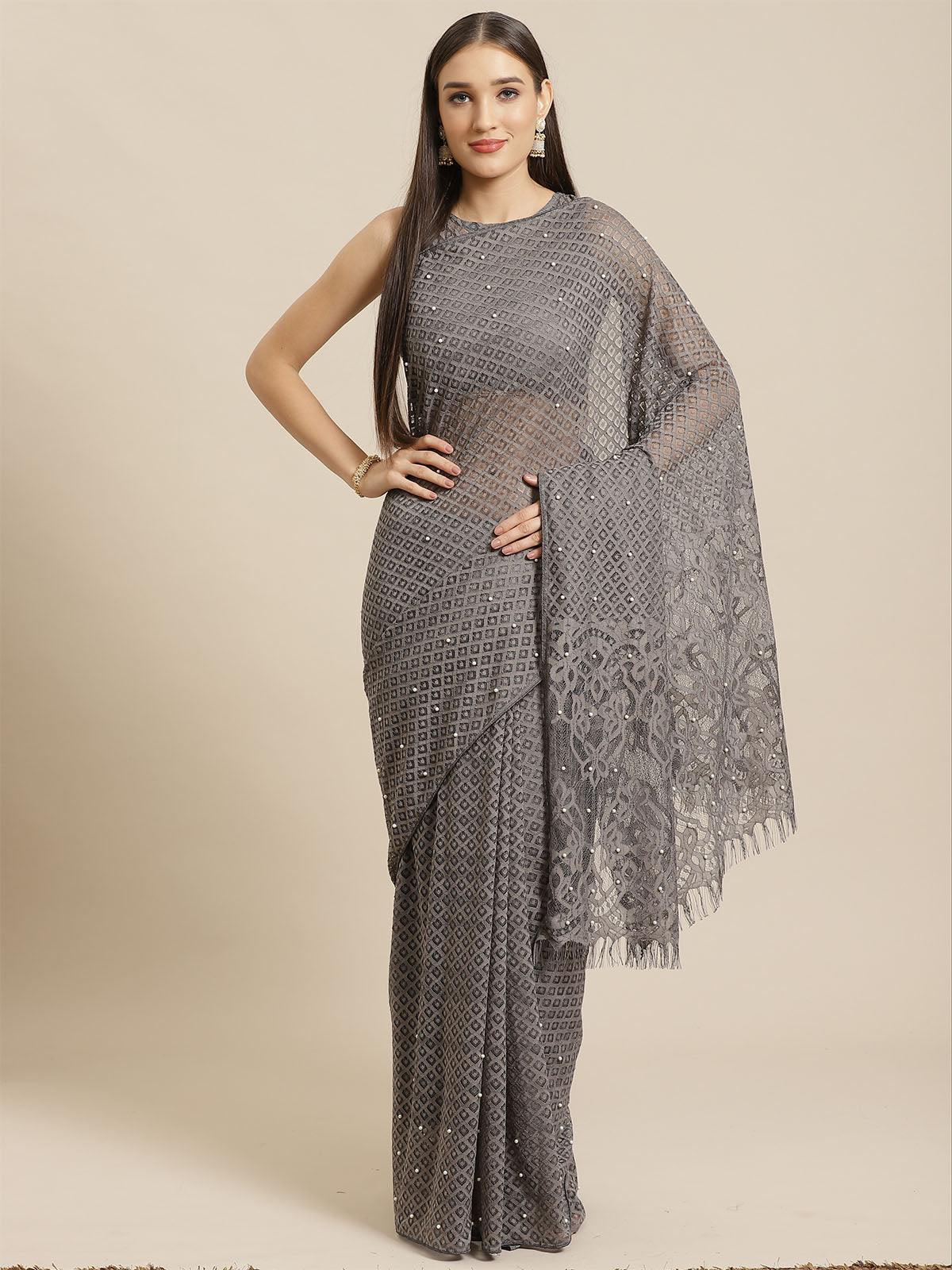 Women's Grey Party Wear Net(Super Net) Solid Saree With Unstitched Blouse - Odette