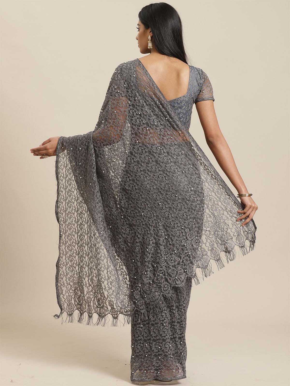 Women's Grey Party Wear Net(Super Net) Solid Saree With Unstitched Blouse - Odette