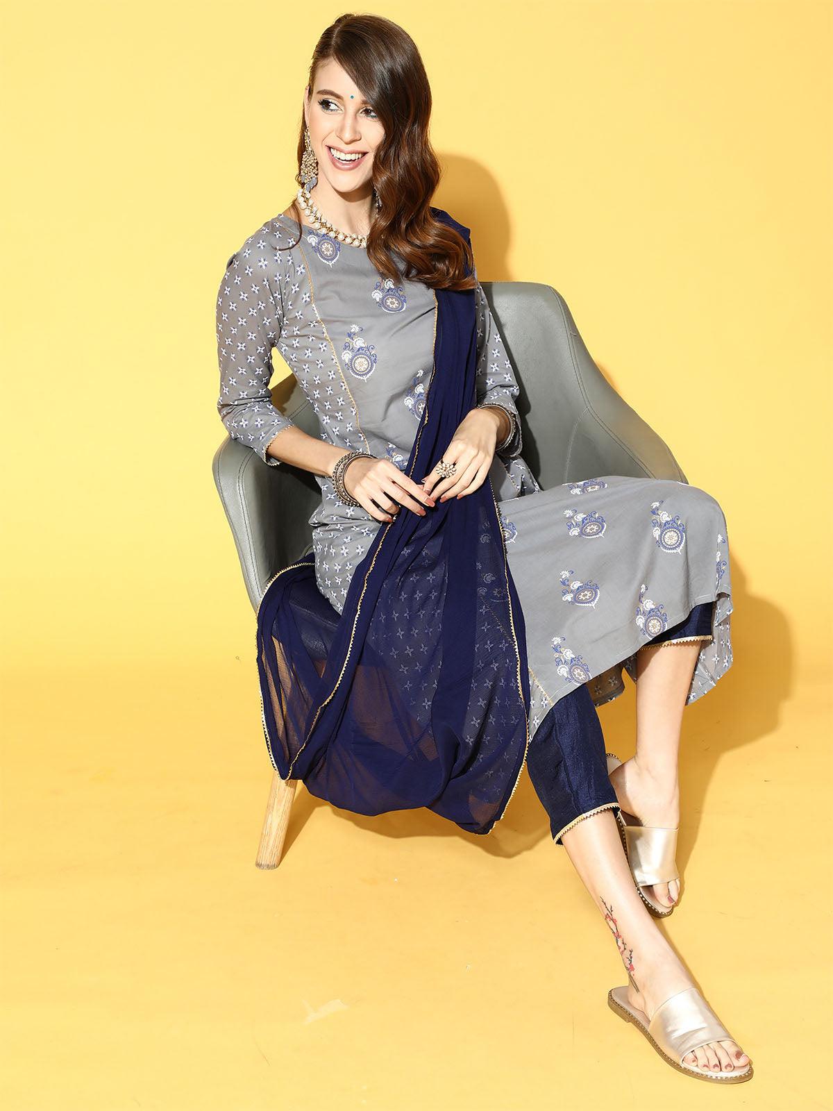 Women's Grey Printed A-Line Kurta Trouser With Dupatta Set - Odette