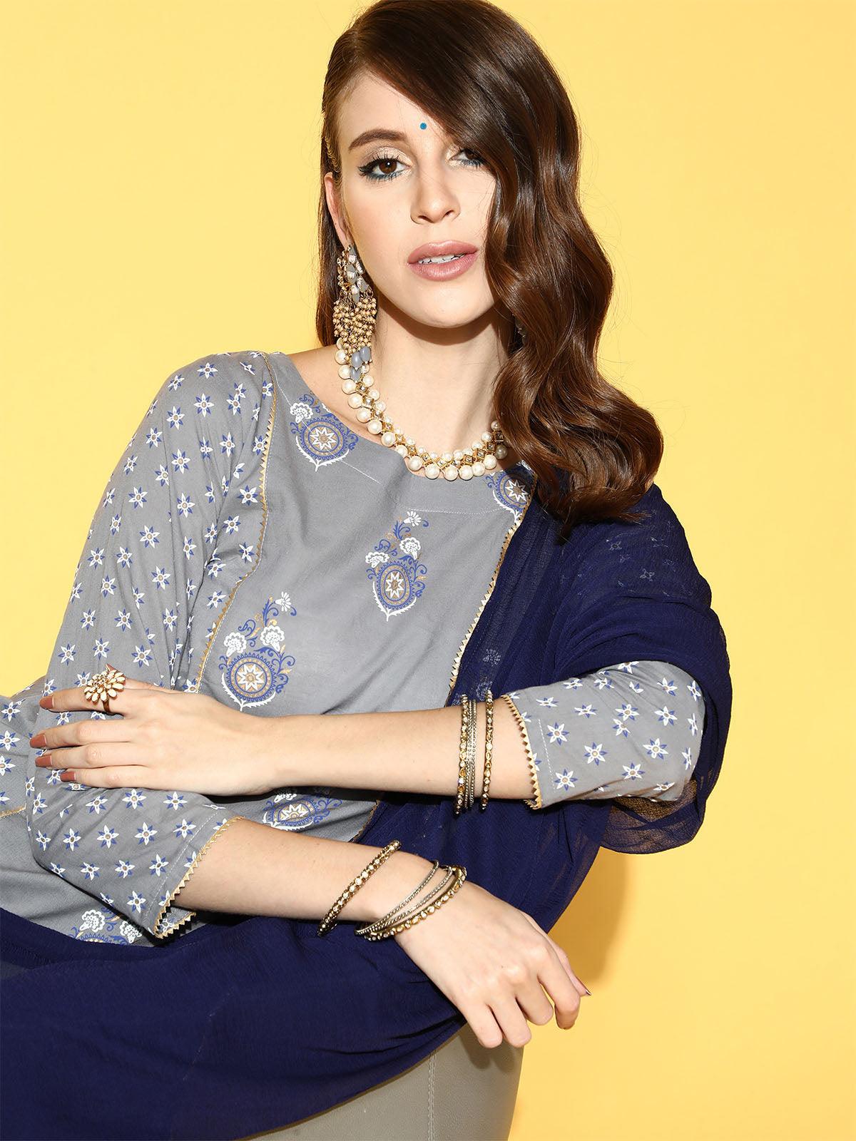 Women's Grey Printed A-Line Kurta Trouser With Dupatta Set - Odette