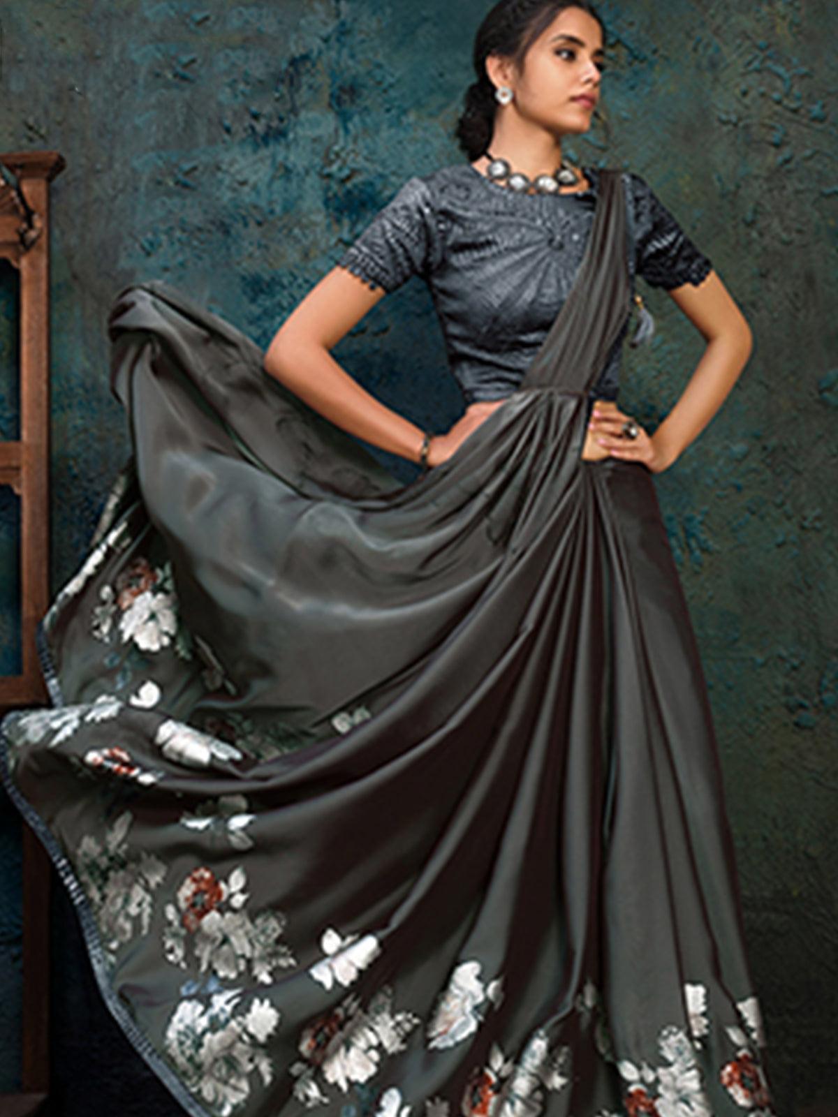 Women's Grey Silk Georgette Designer Saree With Blouse - Odette
