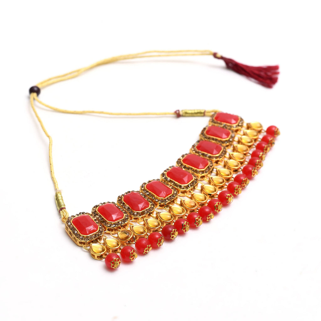 Kamal Johar Gold-Plated Red Color Stone & Pearls Necklace with Earrings ,