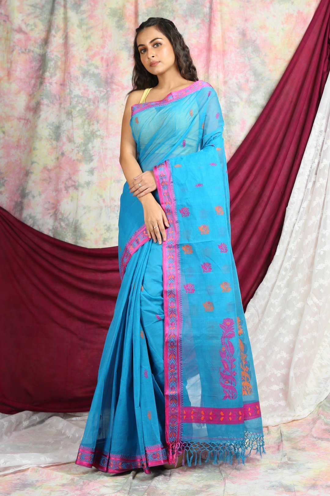 Women's Baby Blue Handwoven Cotton Tant Saree - Arhi