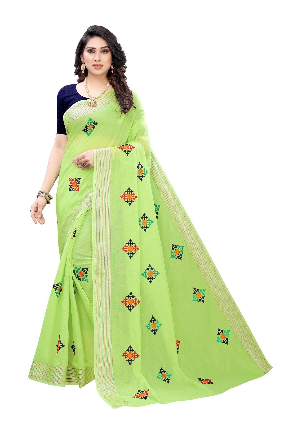 Women's Vamika Chanderi Cotton Embroidery Green Saree-Dixa Green - Vamika
