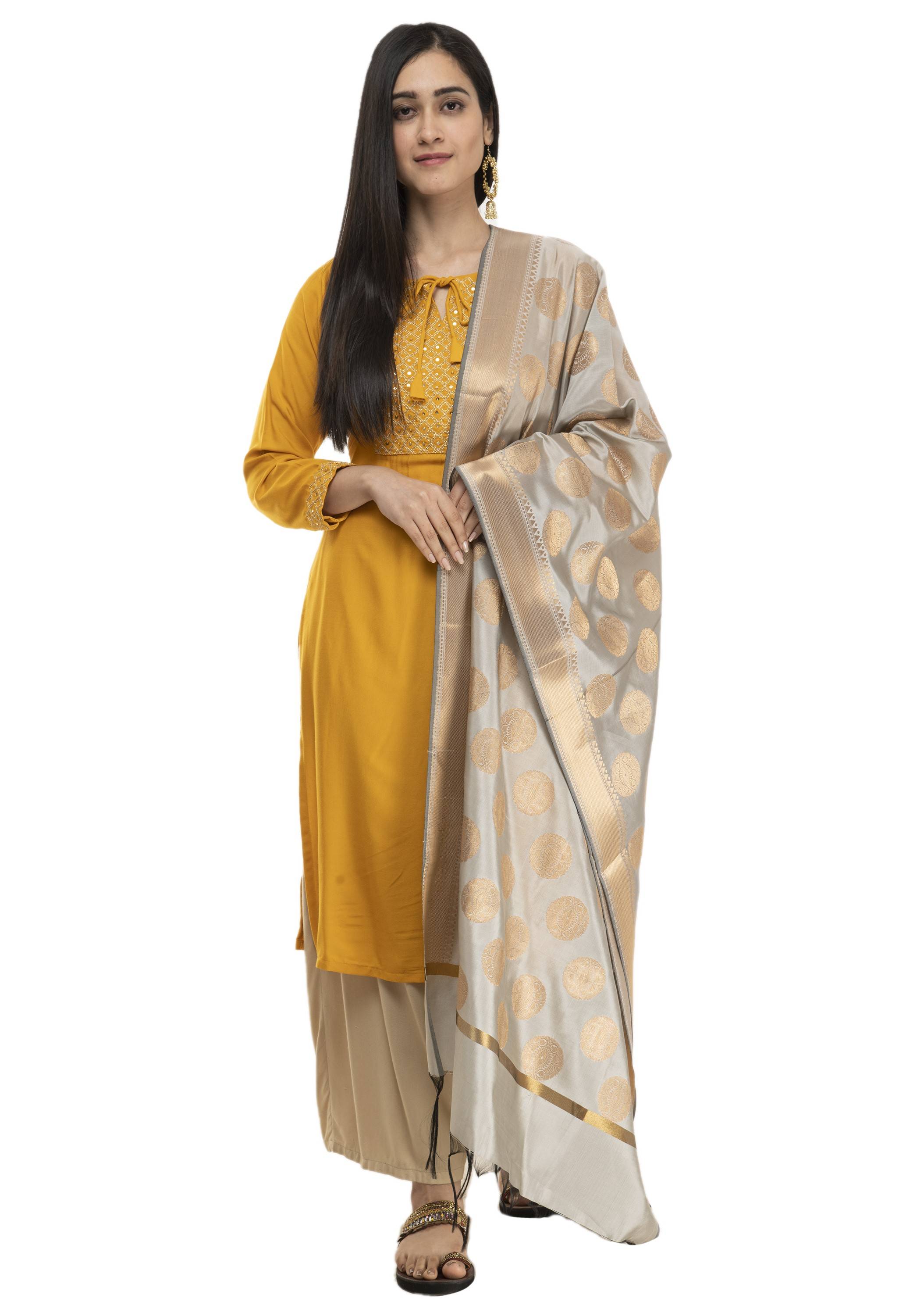 A R Silk Women's Tapeta Silk Zari Work Silver Grey Banarsi Silk Dupatta ARS0403
