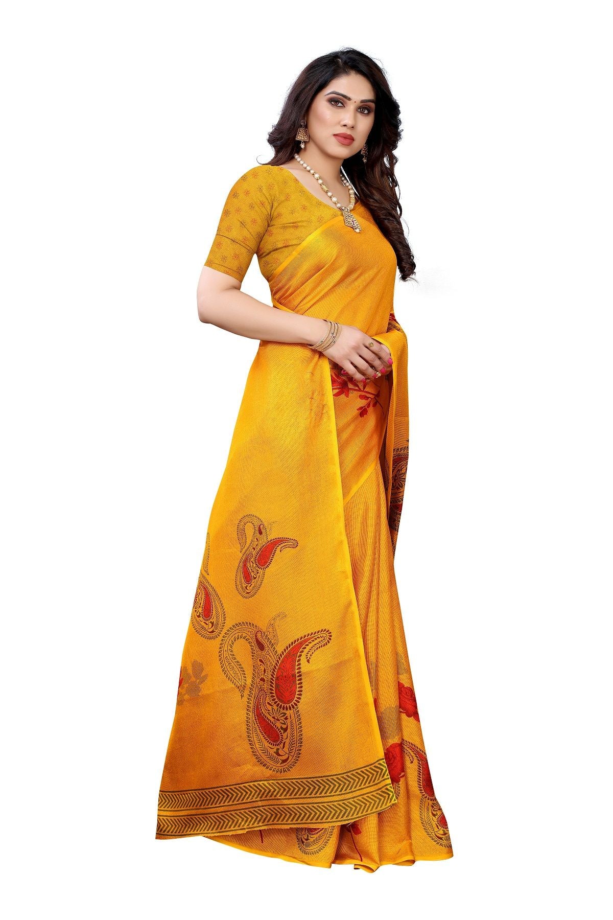 Women's Printed Jute Silk Yellow Saree - Vamika