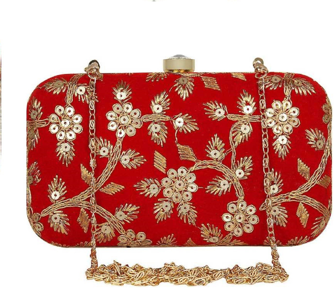 Women's Handicraft Party Wear Hand Embroidered Box Clutch Bag Purse For Bridal, Casual, Party, Wedding - Red - Ritzie