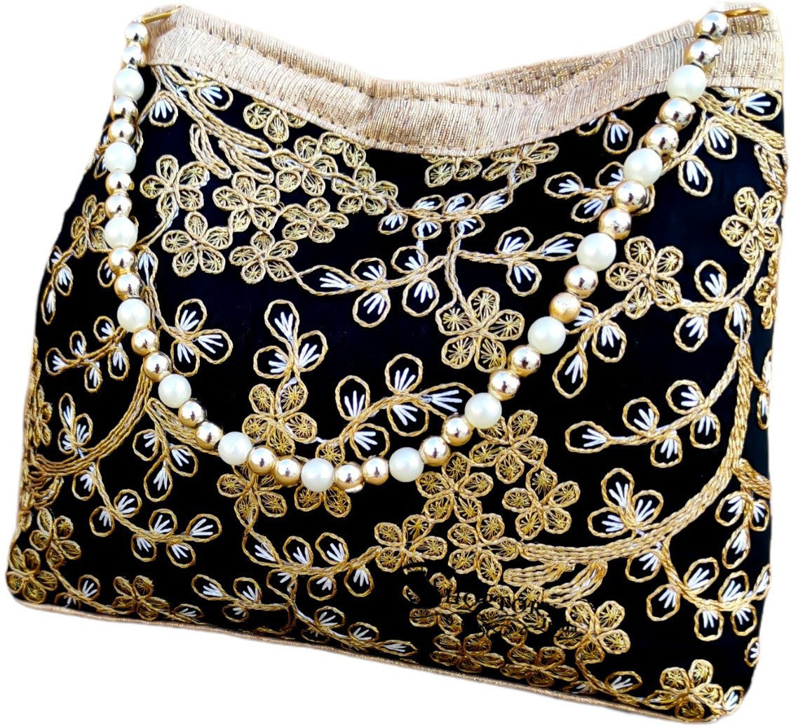 Women's Handicraft Silk  Rajasthani Hand Bag , Black - Ritzie