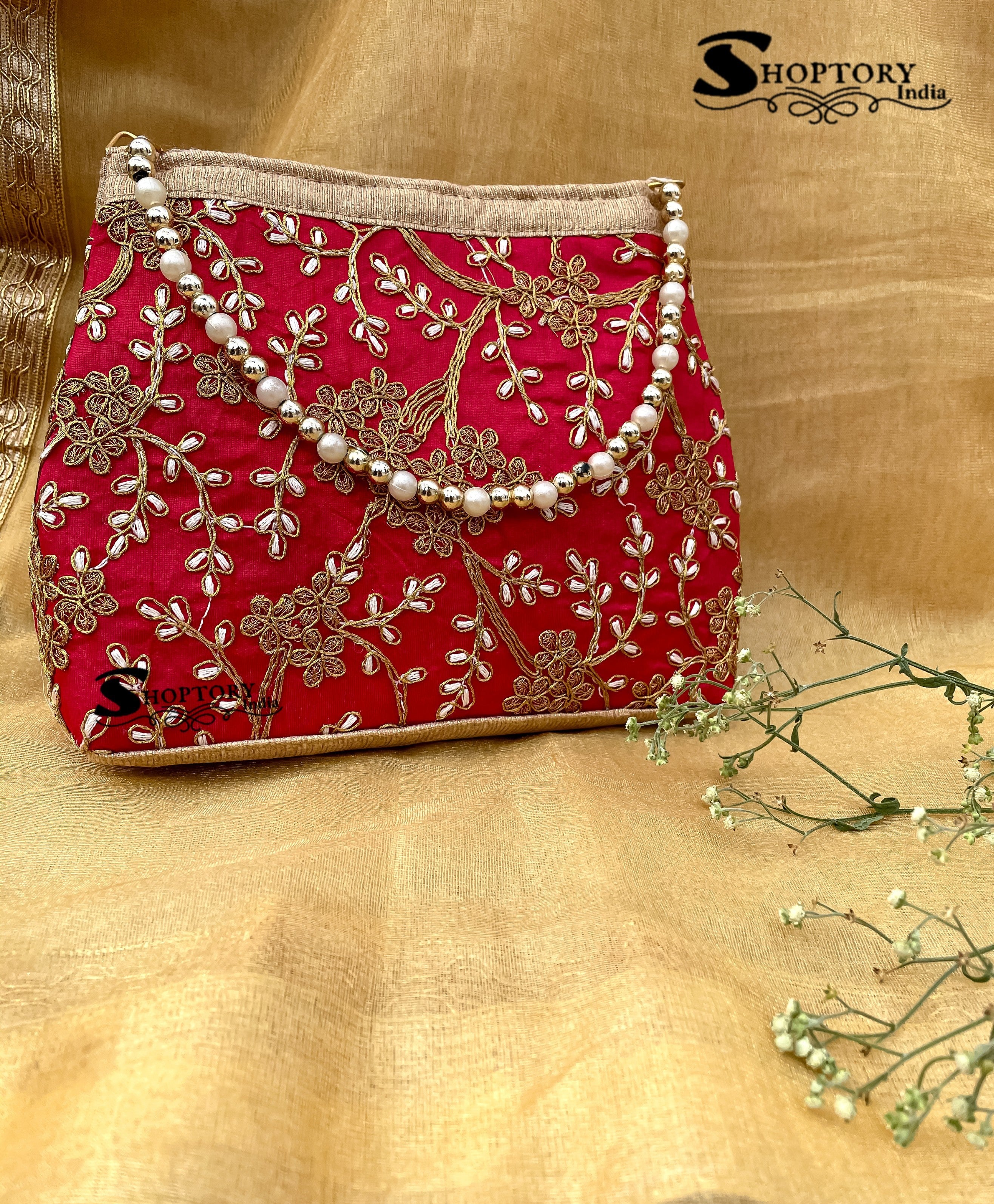 Women's Handicraft Silk  Rajasthani Hand Bag , Red - Ritzie