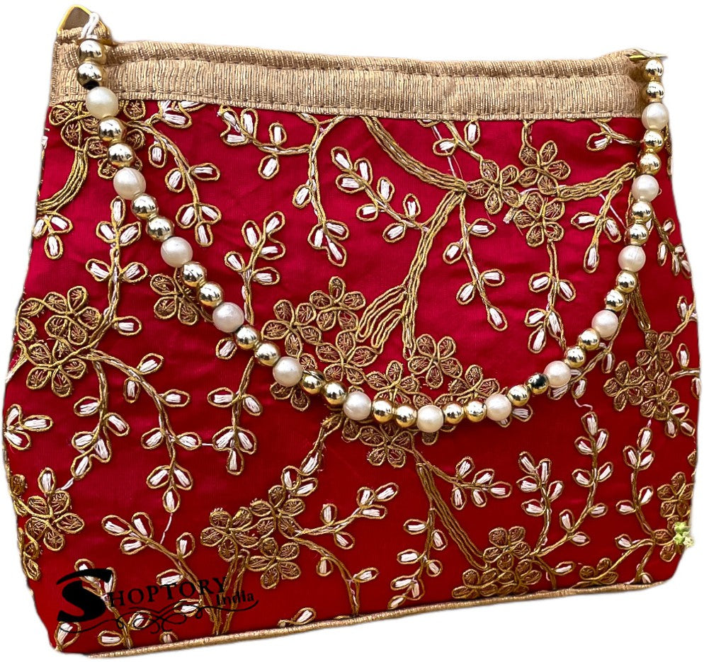 Women's Handicraft Silk  Rajasthani Hand Bag , Red - Ritzie