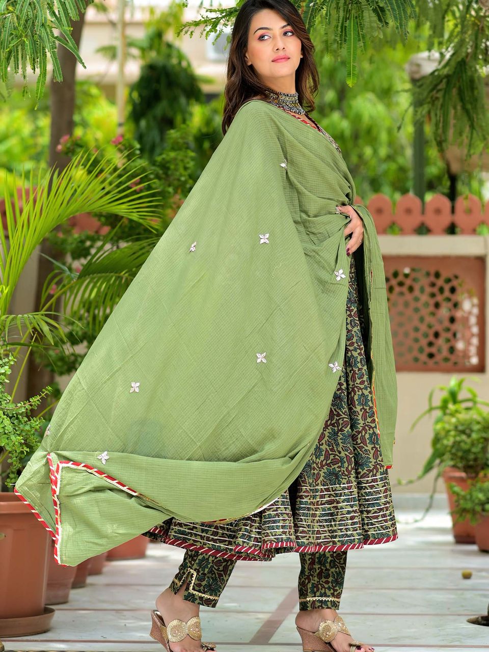 Women's Sage Green Gota Patti Anarkali Suit Set - Hatheli