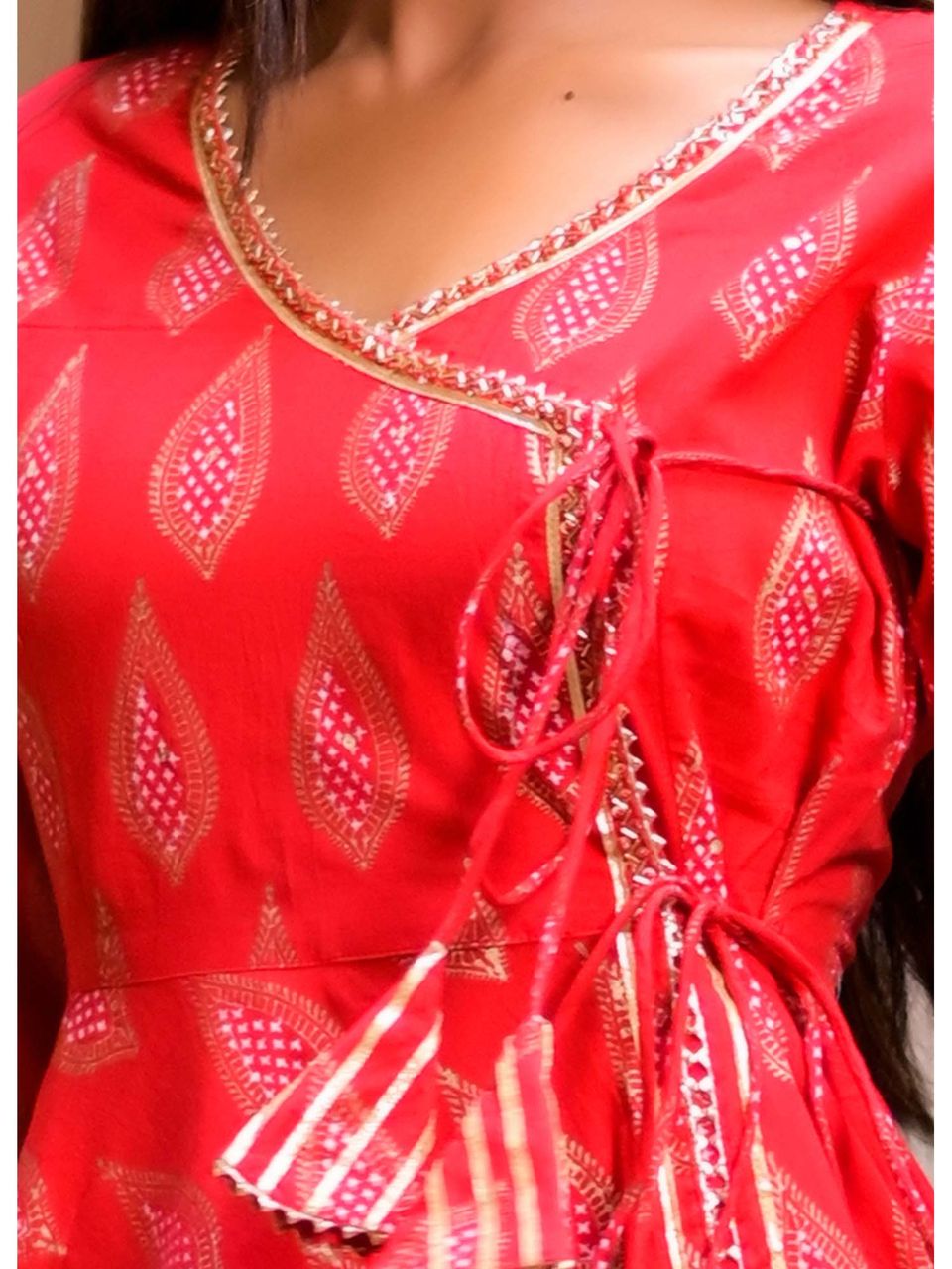 Women's Ravishing Red Block Print Angrakha Suit Set - Hatheli